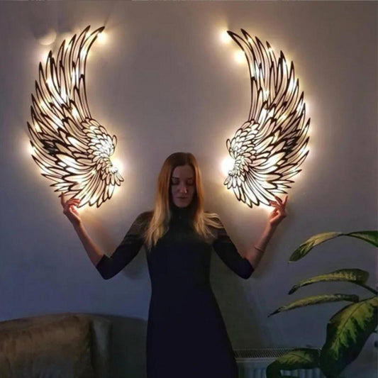 Luminous Halo Wings: 3D Illuminated Metal Wall Art