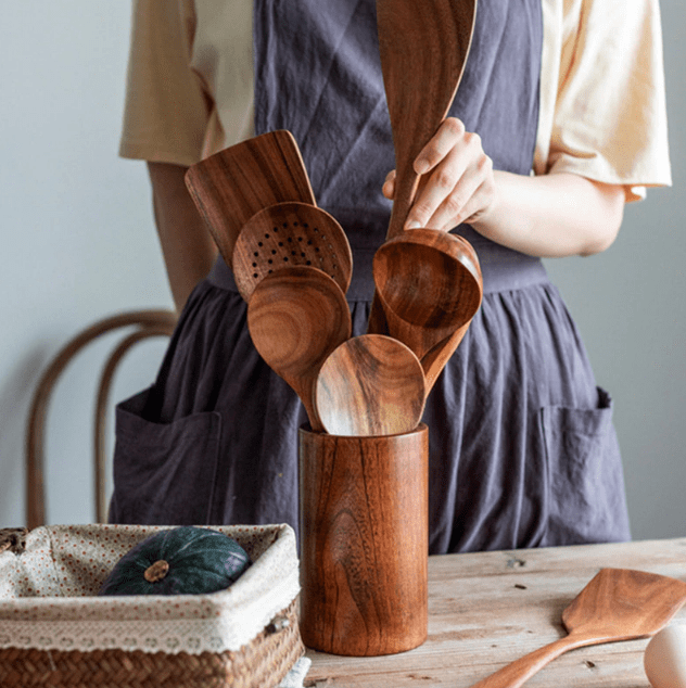 Teak Wood Utensil Holder